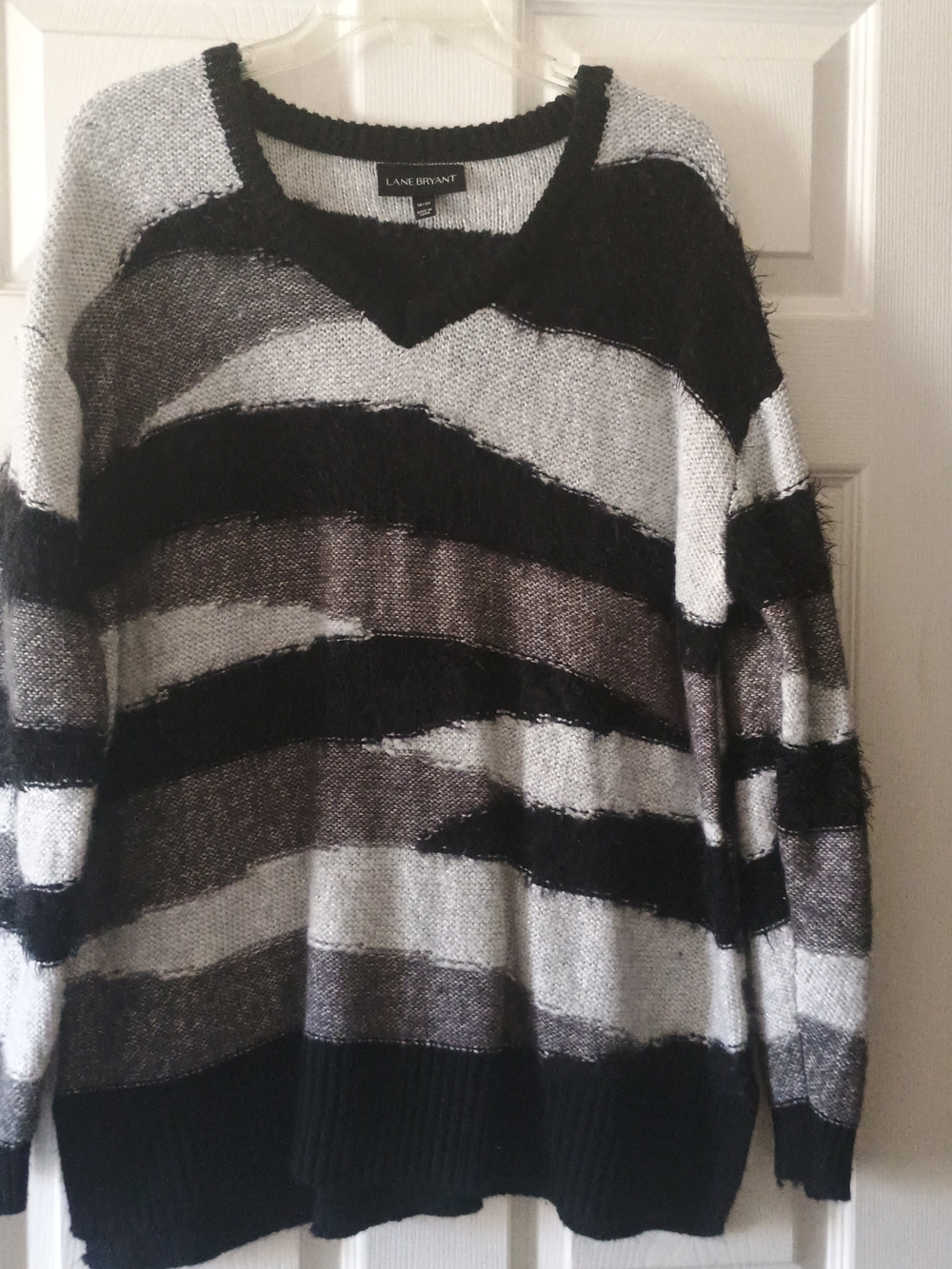 EUC Lane Bryant Black & Gray Striped Fuzzy Knit Sweater - Women's Size 18/20